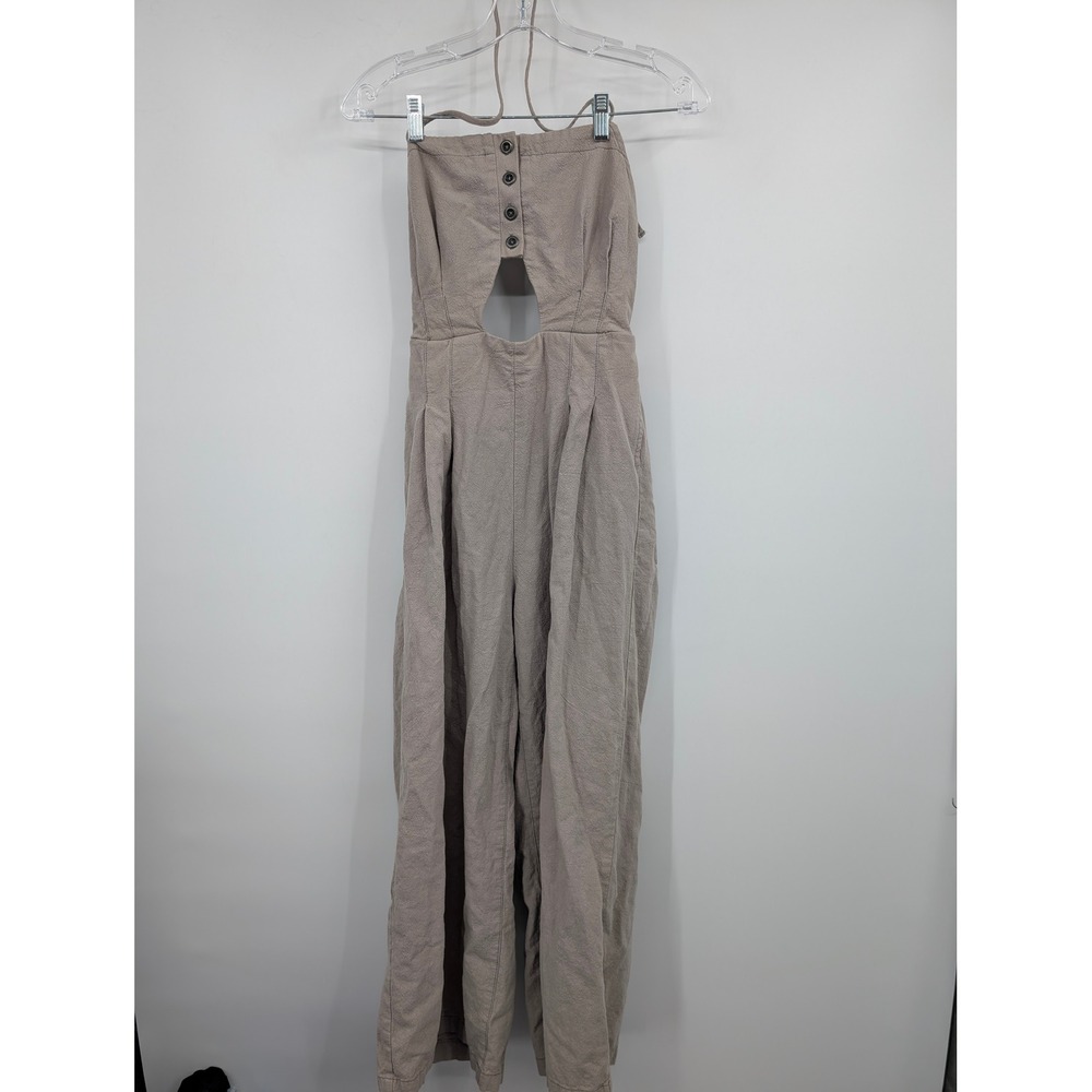 Free People Marbella Linen Cutout Wide-Leg Jumpsuit Dusty Gray Boho Size XS